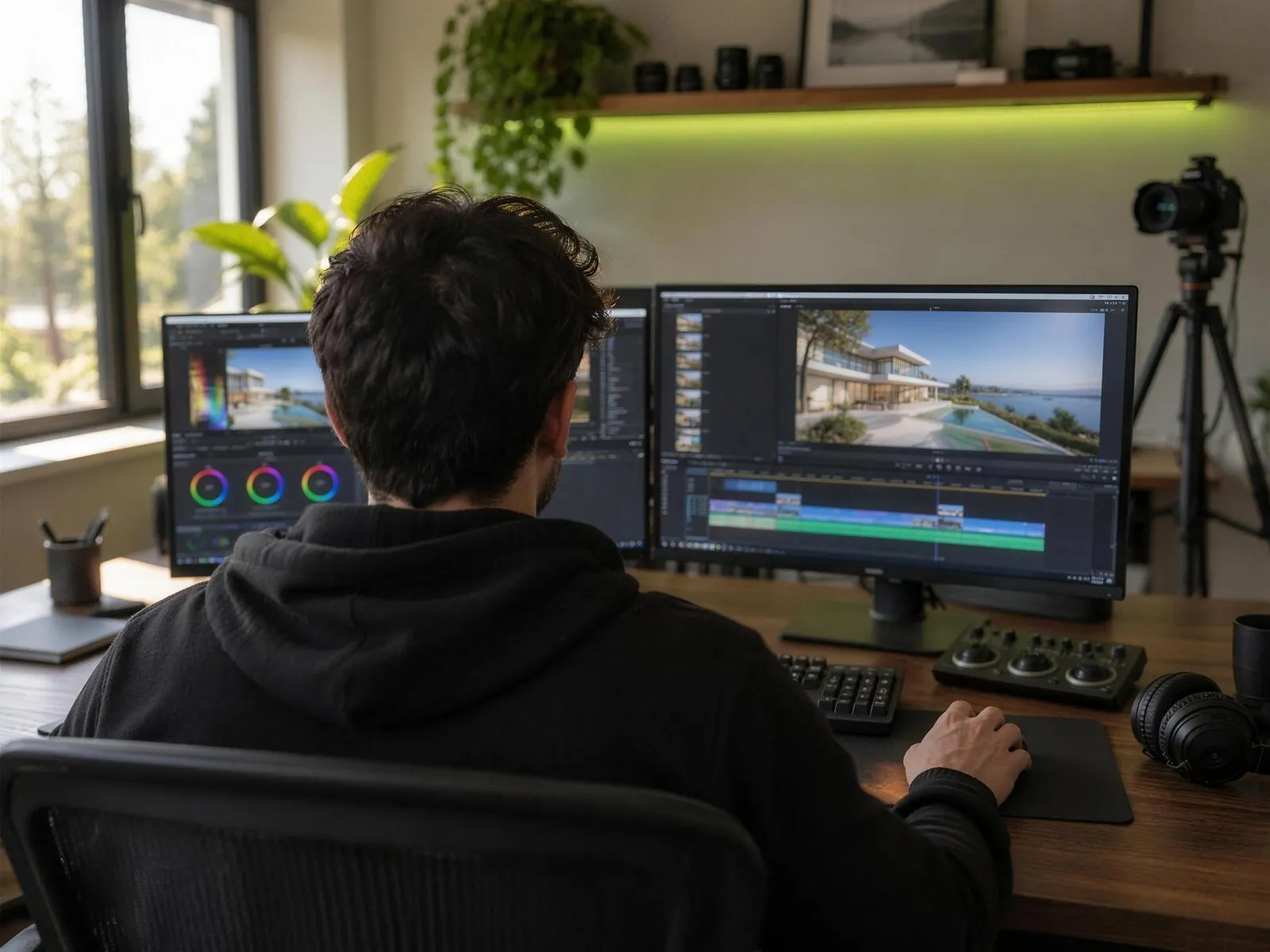 Raptax Media editor colour grading a luxury real estate video in the Oakville studio